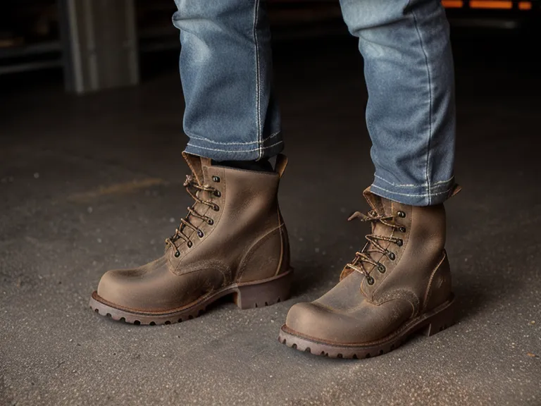 Worker in safety boots walking on a concrete warehouse floor with safety markings