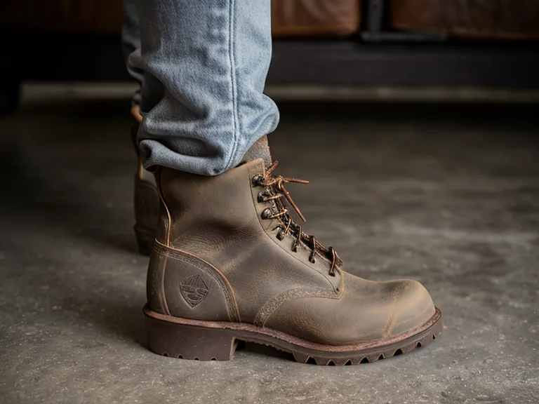 Wide width work boots side by side, compared for boot fit and foot health on a warehouse floor