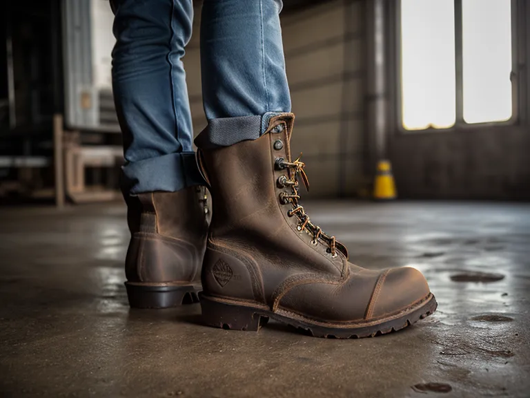 Glazed, melted outsole on a heat-resistant work boot after standing on a hot surface