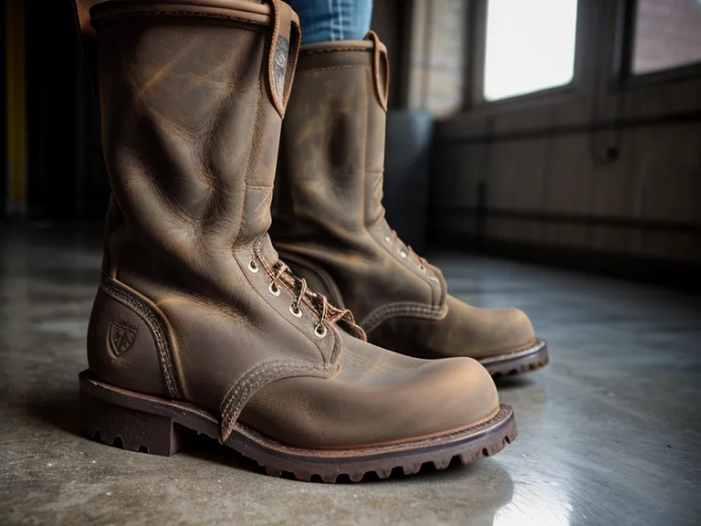 Steel toe protection work boots demonstrating work boot durability on a warehouse concrete floor