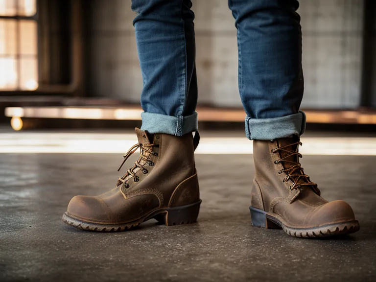 Scuffed steel toe protection boots worn as maintenance supervisor gear near a warehouse pallet jack