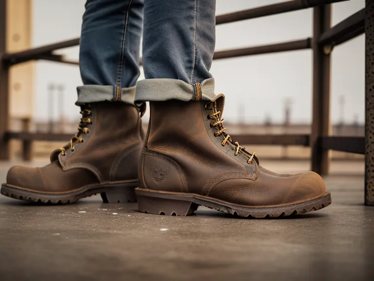 Close-up of Goodyear welt stitching on a rugged leather work boot.