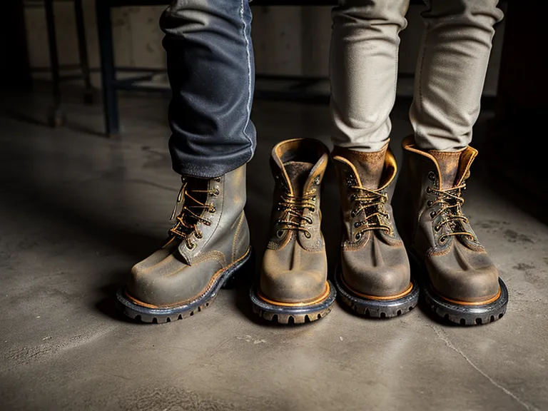 Comparison of heavy duty work boots and sleek heritage boots on a bench.