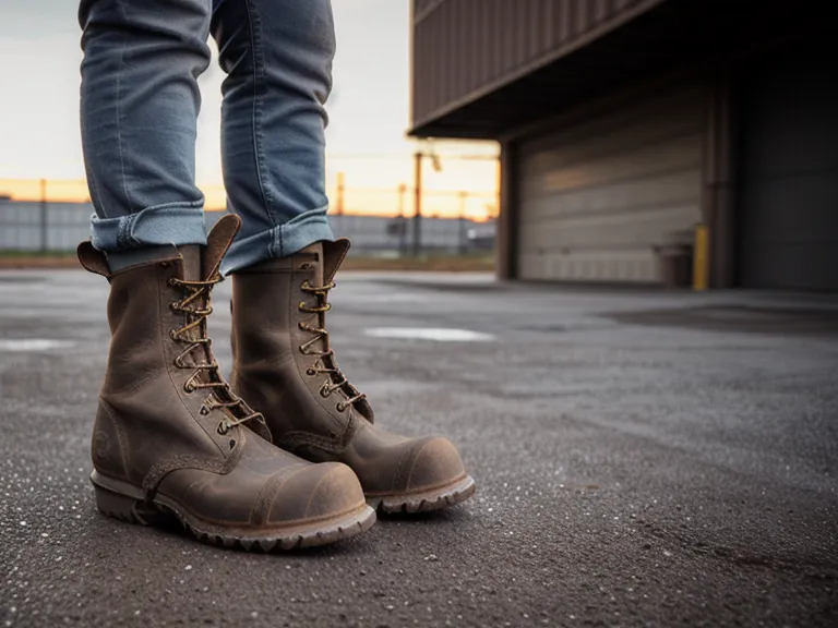 Waterproof leather work boot stepping into a muddy puddle on a maintenance shift floor