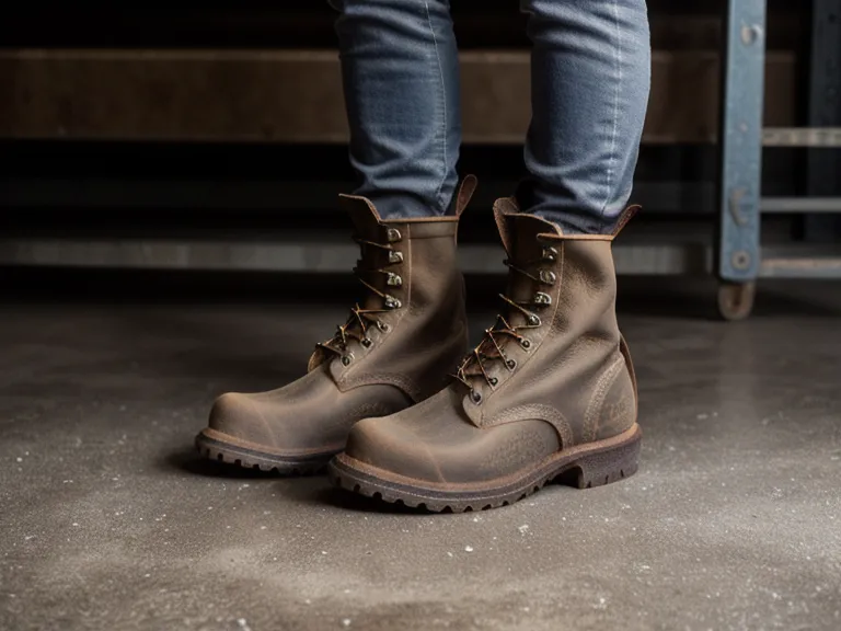 Close-up of Goodyear welt stitching on a waterproof work boot's sole
