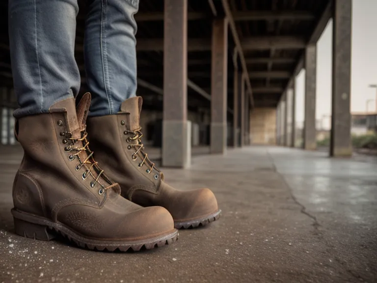 Top-down view of waterproof work boots standing in a muddy gravel yard
