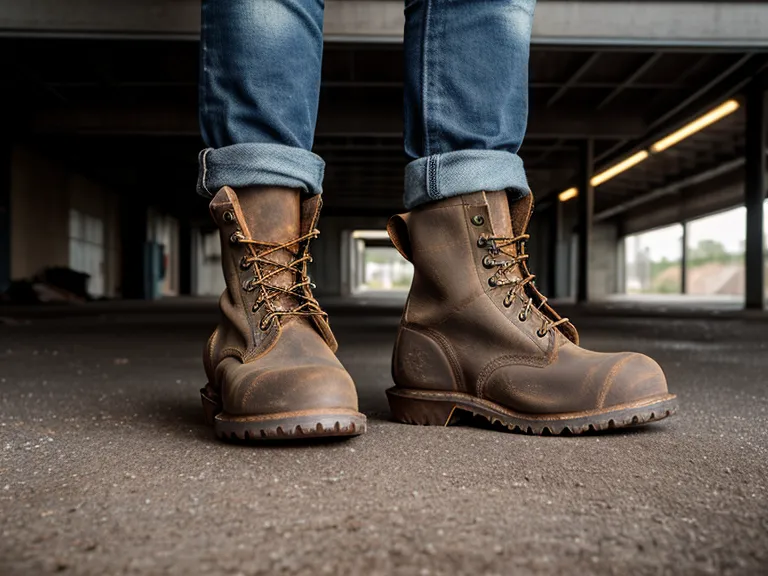 Worn leather work boots built for construction-site and maintenance-floor durability