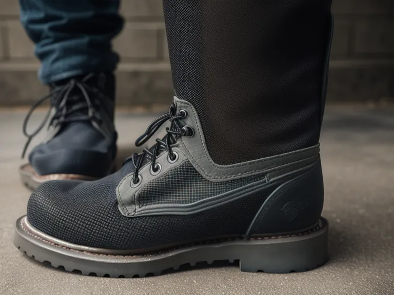 Close-up detail of concrete dust clogging the mesh of a breathable work boot.