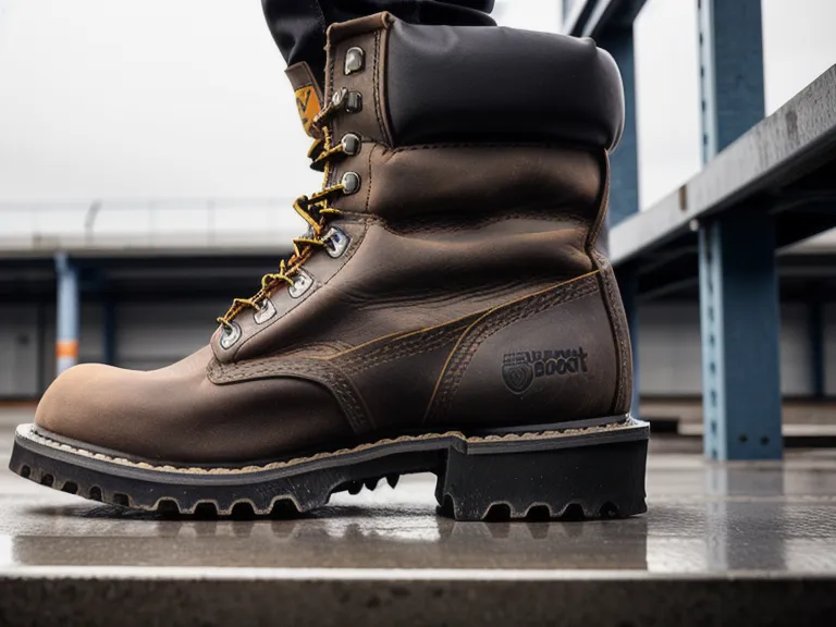 A work boot with a 90-degree safety heel positioned on a metal ladder rung.