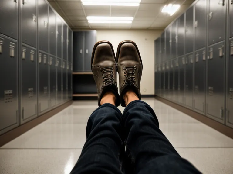 A maintenance worker taking off his work boots in a warehouse locker room.