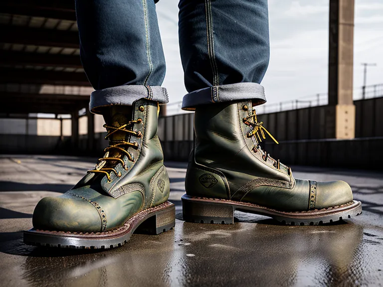 Detailed view of Goodyear welt construction on a heavy-duty work boot.