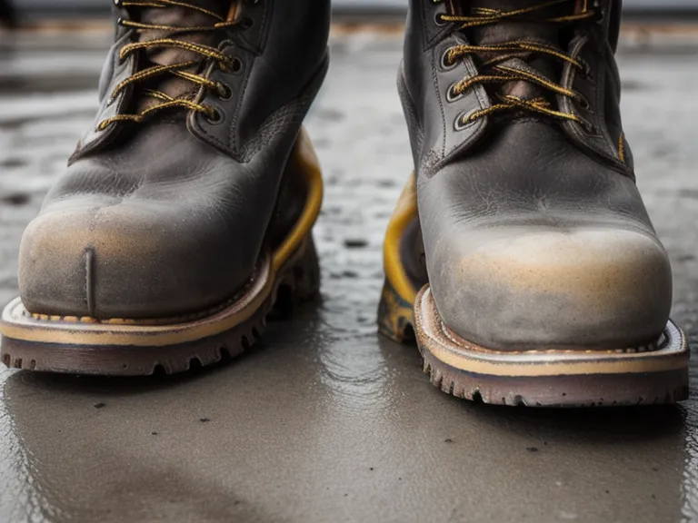 Salt-stained leather work boot toe on a wet warehouse floor.