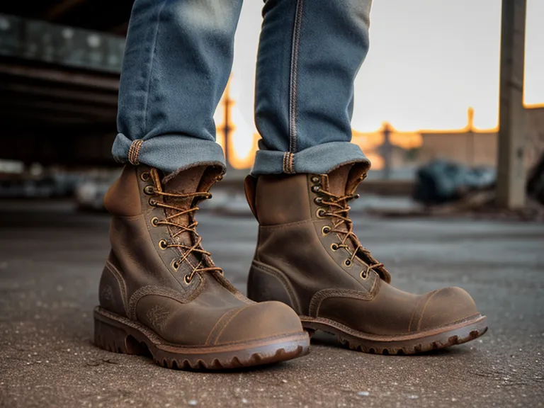 Detailed close-up of a work boot's protective toe and leather stitching on metal stairs.