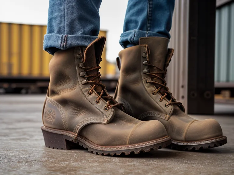 Work boots in motion on a concrete warehouse floor with yellow safety markings.