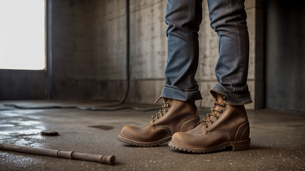 Metatarsal guard work boots for warehouse maintenance, laced up and ready for a safety-focused shift