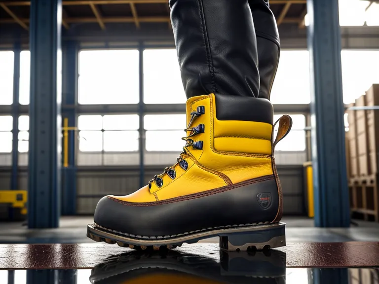 A metatarsal guard work boot planted on a steel ladder rung during warehouse maintenance