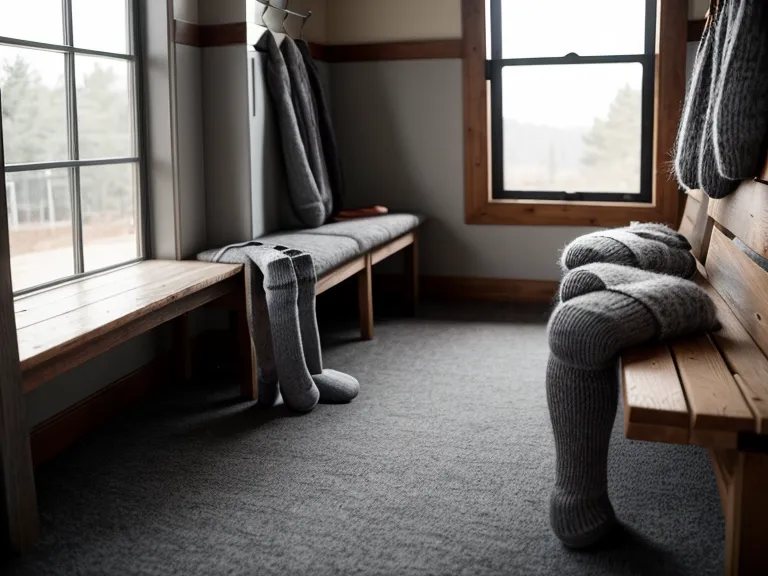Thick wool work socks and leather boots in a warehouse locker room