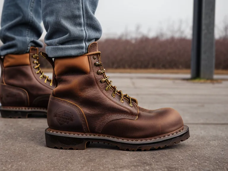 Close-up of a scuffed steel toe box on an industrial work boot