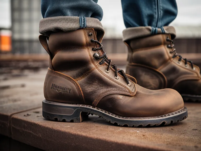 Close-up of leather stress and bulging on a poorly fitted wide work boot