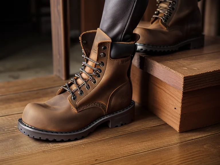 Close-up of thick work boot leather grain and a stiff brush used for boot maintenance and leather care