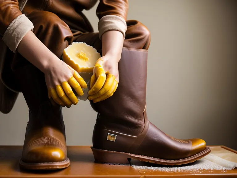 Applying wax conditioner to a leather work boot as part of a waterproofing routine, hair dryer nearby to warm the leather