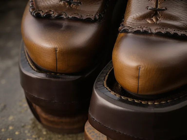 Macro shot of wax-sealed stitching along a work boot seam, a key step in leather care and waterproofing