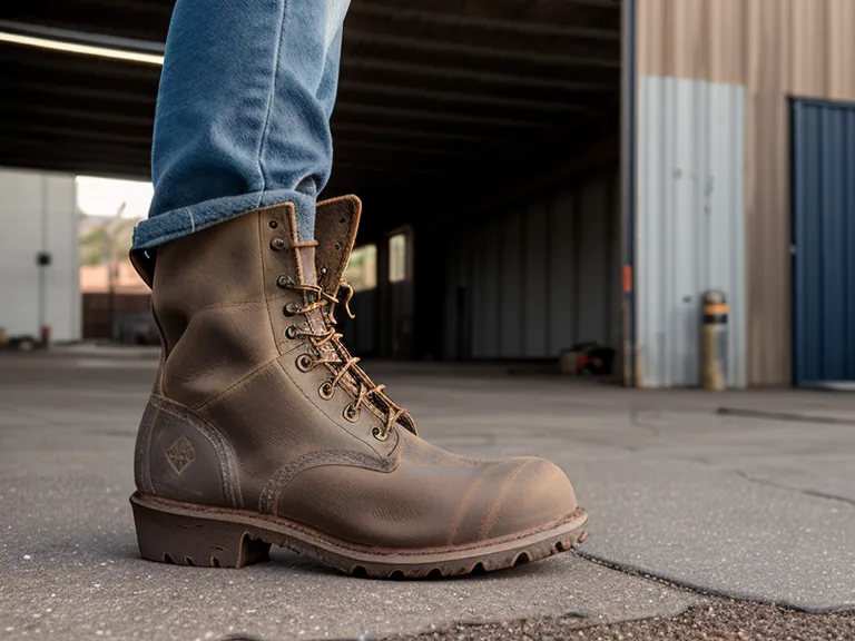 Work boot comparison showing a lug sole tread next to a wedge sole tread on a warehouse floor
