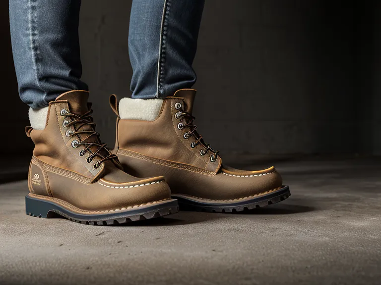 Close-up of the U-shaped moc toe stitching and flat wedge sole.