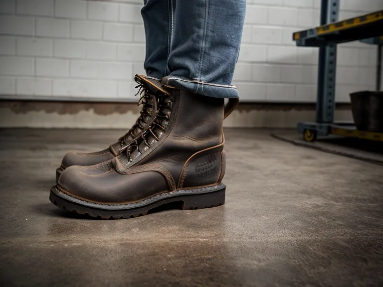 Georgia work boots sitting in a maintenance bay with industrial tools.