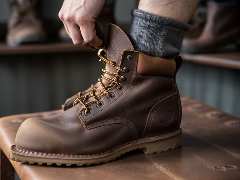 A worker pulling on a Durango pull-on leather work boot in a locker room before a facility maintenance shift