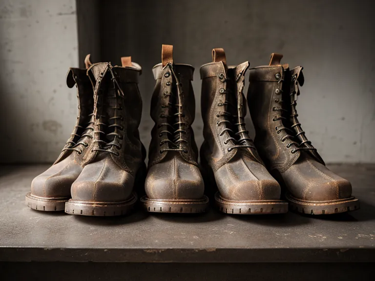 Weathered pull-on and lace-up work boots with road salt stains on a warehouse floor mat