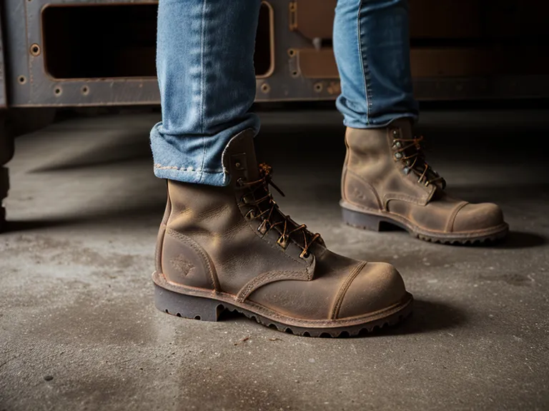 Heritage work boot beside an industrial conveyor motor, illustrating the limits of its durability