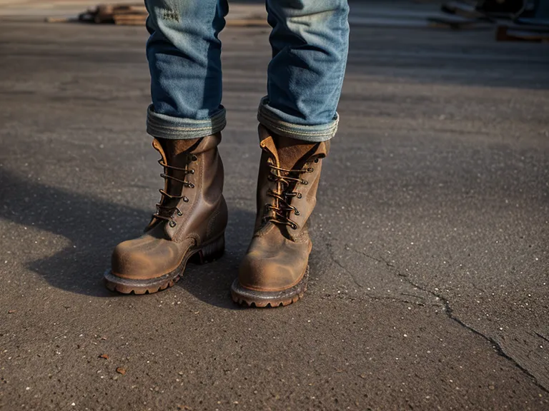 Worn work boots walking a dog on a gravel path at dusk, showing long-term heritage boot durability