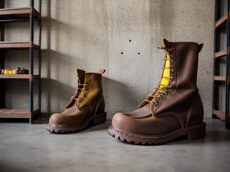 Perspective view of work boots on a metal mezzanine ladder in a warehouse.