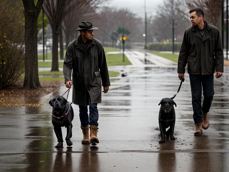 Man walking a black Labrador dog on a wet sidewalk wearing work boots.