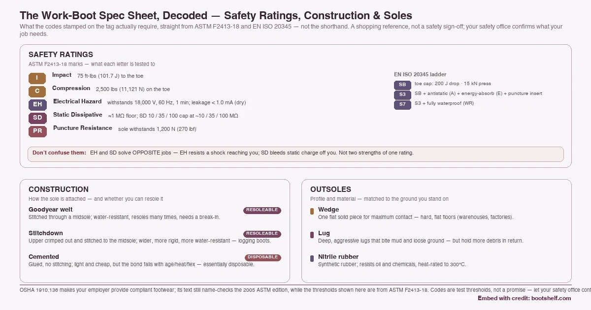 A decoder for a work boot's spec tag: ASTM F2413-18 safety ratings (Impact, Compression, Electrical Hazard, Static Dissipative, Puncture) with their test thresholds, the EN ISO 20345 SB/S3/S7 ladder, construction methods marked resoleable or disposable, and outsole types (wedge, lug, nitrile).